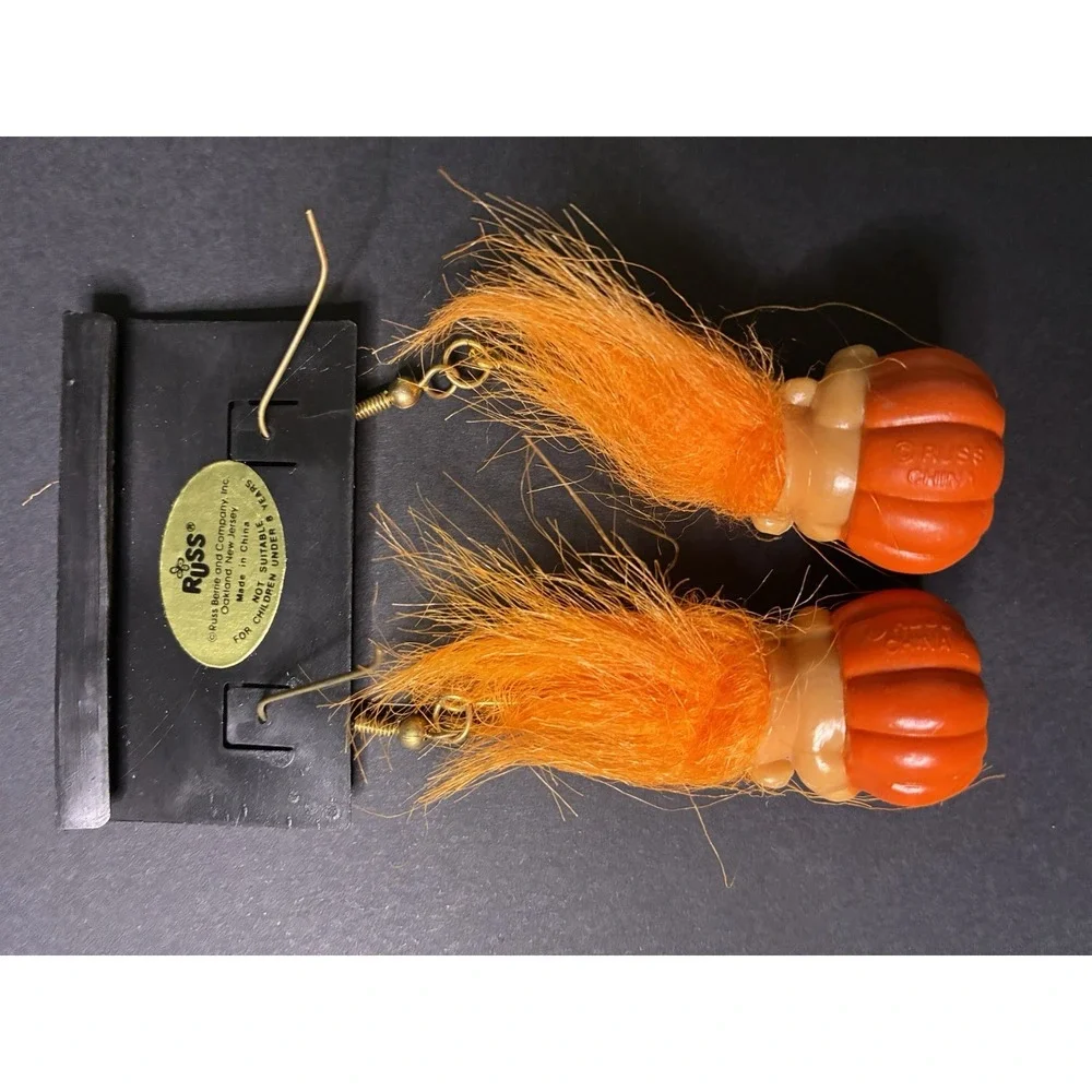VTG Halloween Troll Doll Earrings RUSS Pumpkin Jack O Lantern Pierced Dangle y2k